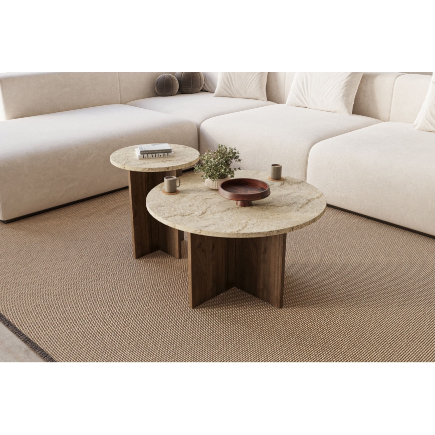 SET 2x soffbord PURO Ø 40/70 cm valnöt/travertin