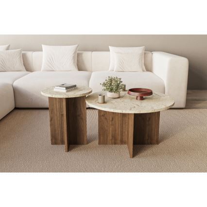 SET 2x soffbord PURO Ø 40/70 cm valnöt/travertin