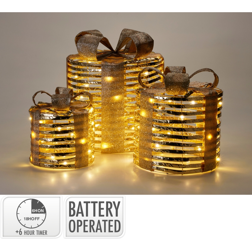 Set om 3 LED-juldekorationer 20xLED/2xAA + 30xLED/3xAA + 40xLED/3xAA varmvit presenter/guld