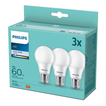 SET 3x LED-lampa Philips A60 E27/8W/230V 4000K
