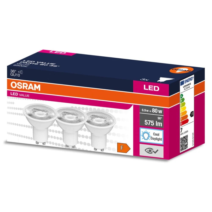 Set 3x LED-reflektorlampor PAR16 GU10/6,9W/230V 6500K 36° - Osram
