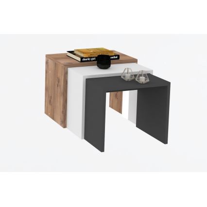 SET 3x Sidobord GUL brun/vit/grå