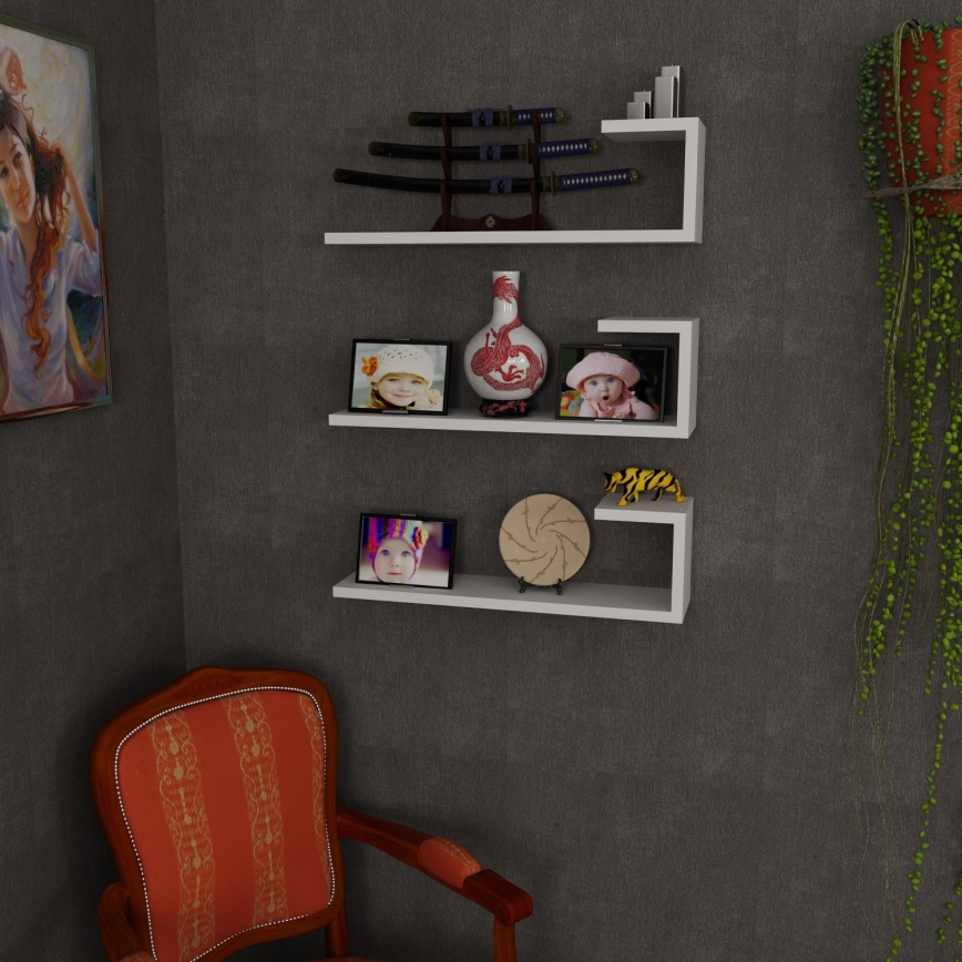 SET 3x Vägghylla EMILY 18x60 cm vit