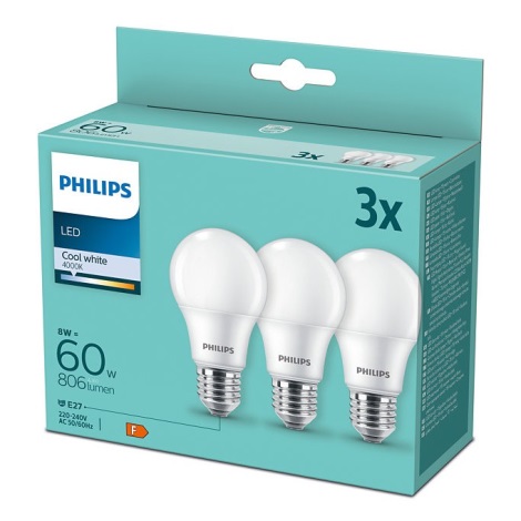 SET 3xLED-lampa Philips A60 E27/8W/230V 4000K