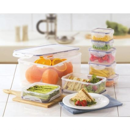 SET 7x Matförvaringsburk LOCK blå/genomskinlig