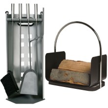 Set av eldstadsinstrument och korg för trä med handtag 6 delar antracit
