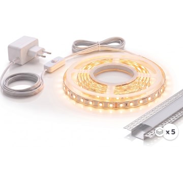 Set med 1x LED-remsa MYLIVING LIGHTSTRIP LED/22W/230V 5 m + 5x infällningsprofiler 1 m, silver/vit