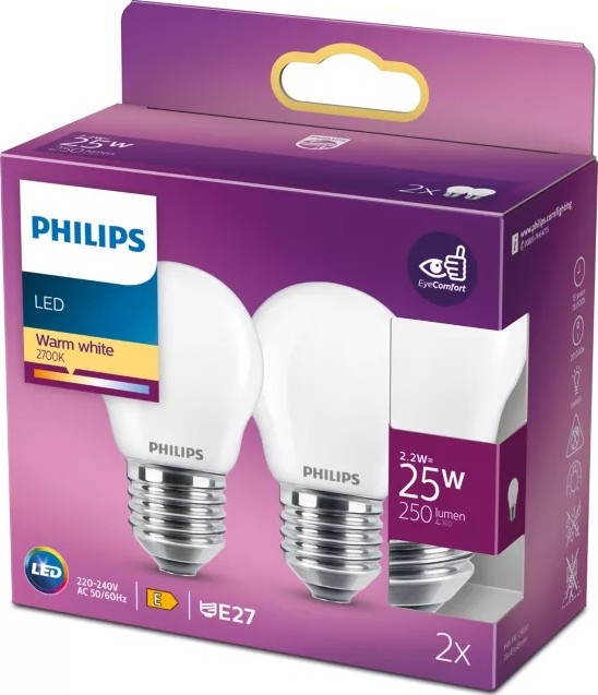 Set med 2 LED-lampor Philips P45 E27/2,2W/230V 2700K