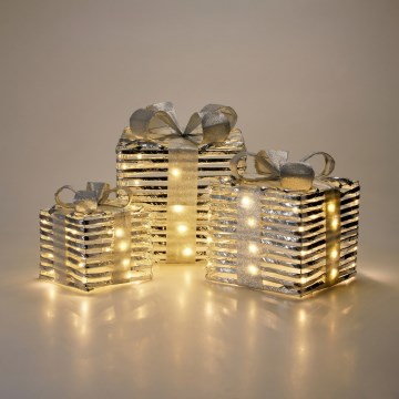 Set med 3 LED-juldekorationer 20xLED/2xAA + 30xLED/3xAA + 40xLED/3xAA varmvit presenter/silver