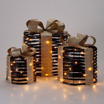 Set med 3 LED-juldekorationer 20xLED/2xAA + 30xLED/3xAA + 40xLED/3xAA varmvit presenter/svart