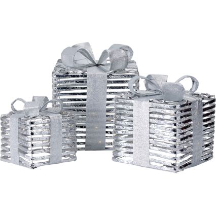 Set med 3 LED-juldekorationer 20xLED/2xAA + 30xLED/3xAA + 40xLED/3xAA varmvit presenter/silver