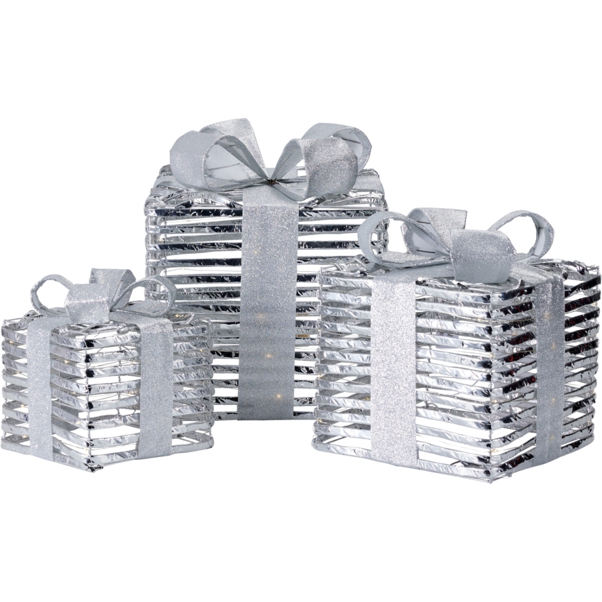 Set med 3 LED-juldekorationer 20xLED/2xAA + 30xLED/3xAA + 40xLED/3xAA varmvit presenter/silver