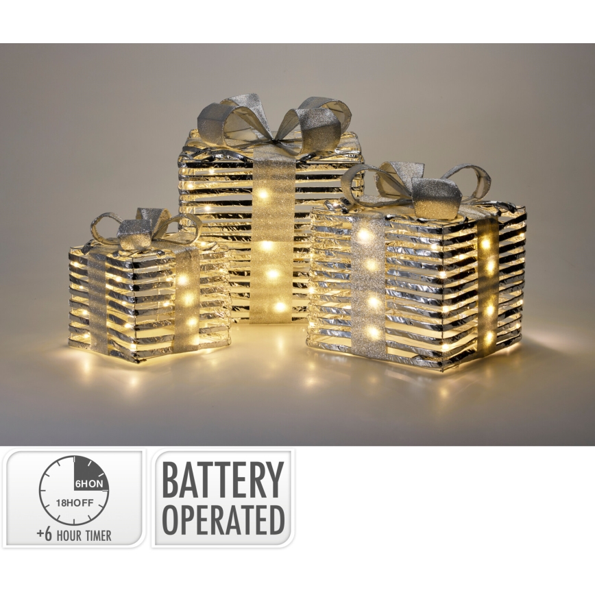 Set med 3 LED-juldekorationer 20xLED/2xAA + 30xLED/3xAA + 40xLED/3xAA varmvit presenter/silver