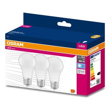 Set med 3 LED-lampor A60 E27, 8,5 W, 230 V, 6500 K - Osram