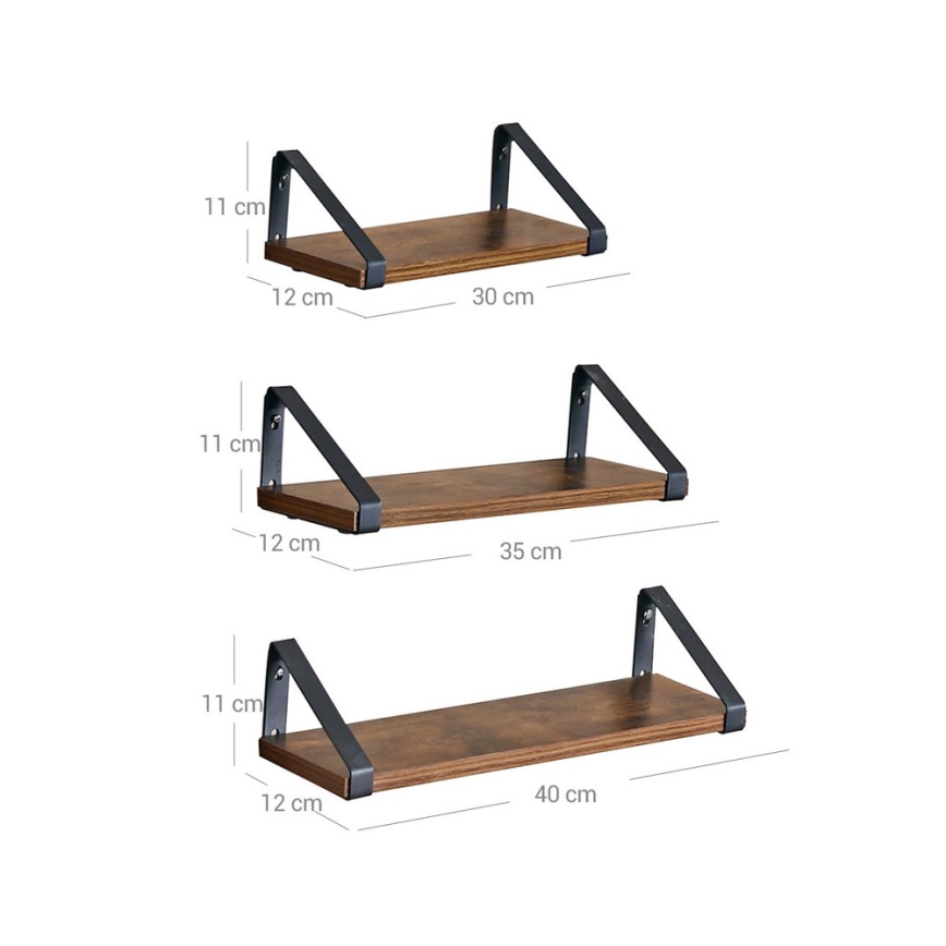Set med 3 vägghyllor SHELFY, brun/svart