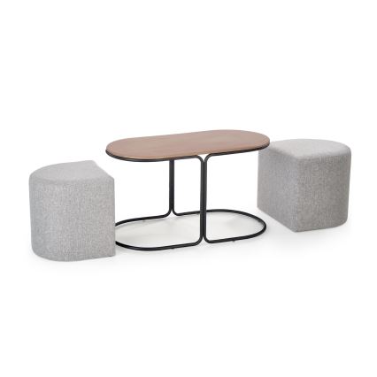 Set med soffbord NILDO 90x45 cm + 2 pallar, brun/grå