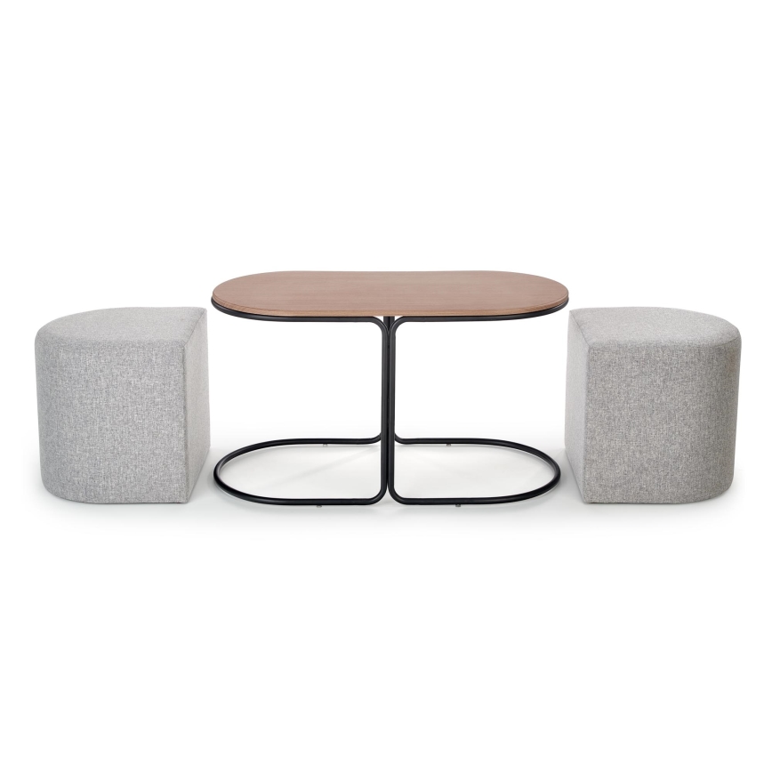 Set med soffbord NILDO 90x45 cm + 2 pallar, brun/grå
