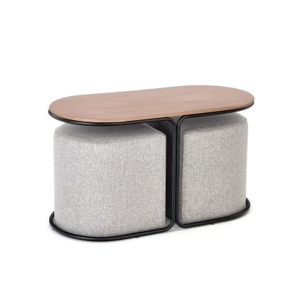 Set med soffbord NILDO 90x45 cm + 2 pallar, brun/grå