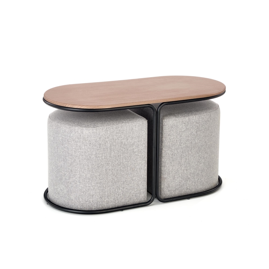 Set med soffbord NILDO 90x45 cm + 2 pallar, brun/grå