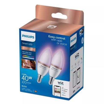 Set om 2 dimbara LED RGB-lampor Philips SMART C37 E14/4,9W/230V 2200-6500K CRI 90