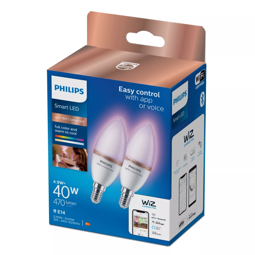 Set om 2 dimbara LED RGB-lampor Philips SMART C37 E14/4,9W/230V 2200-6500K CRI 90