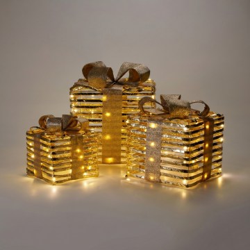 Set om 3 LED-juldekorationer 20xLED/2xAA + 30xLED/3xAA + 40xLED/3xAA varmvit gåvor/guld