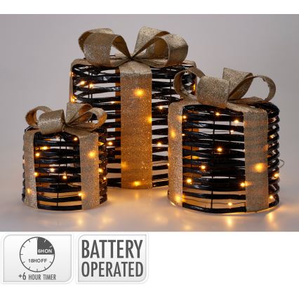 Set med 3 LED-juldekorationer 20xLED/2xAA + 30xLED/3xAA + 40xLED/3xAA varmvit presenter/svart