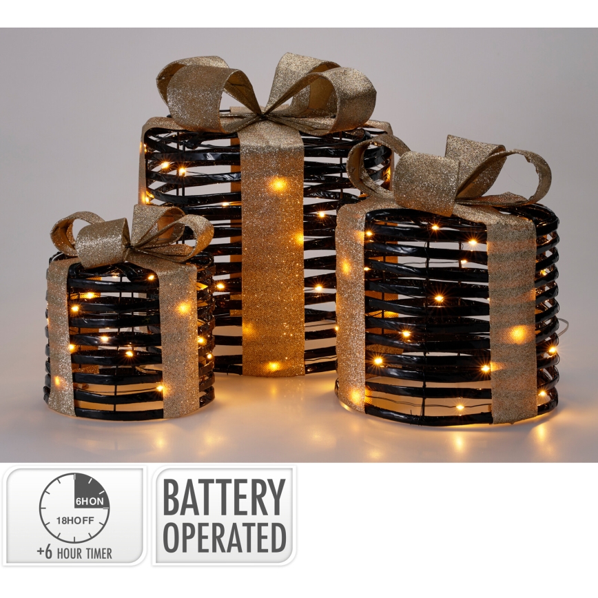 Set med 3 LED-juldekorationer 20xLED/2xAA + 30xLED/3xAA + 40xLED/3xAA varmvit presenter/svart