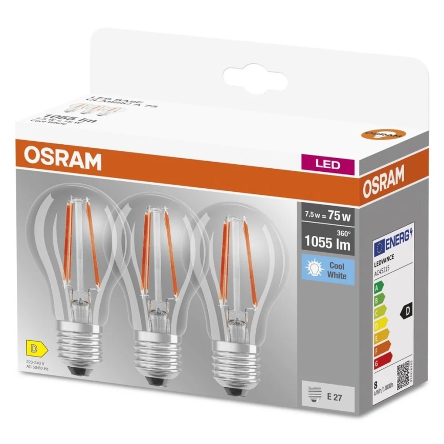 Set om 3 LED-lampor BASE CLASSIC FILAMENT A60 E27/7,5W/230V 4000K - Osram