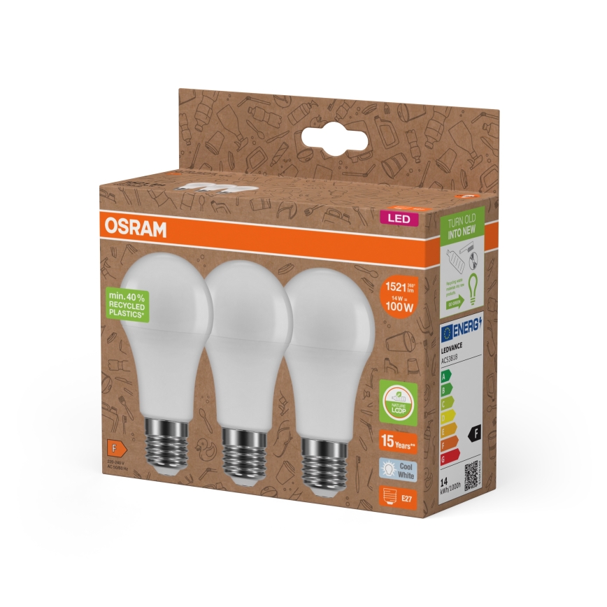 Set om 3 LED‑glödlampor i återvunnen plast A100 E27/14W/230V 4000K - Osram