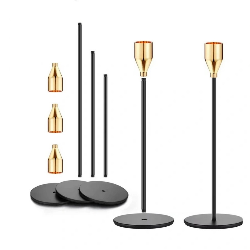Set om 3 ljusstakar, svart/guld