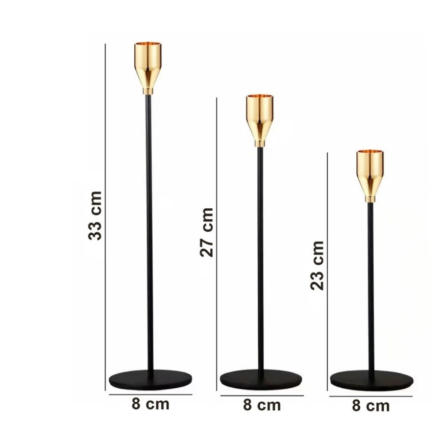 Set om 3 ljusstakar, svart/guld