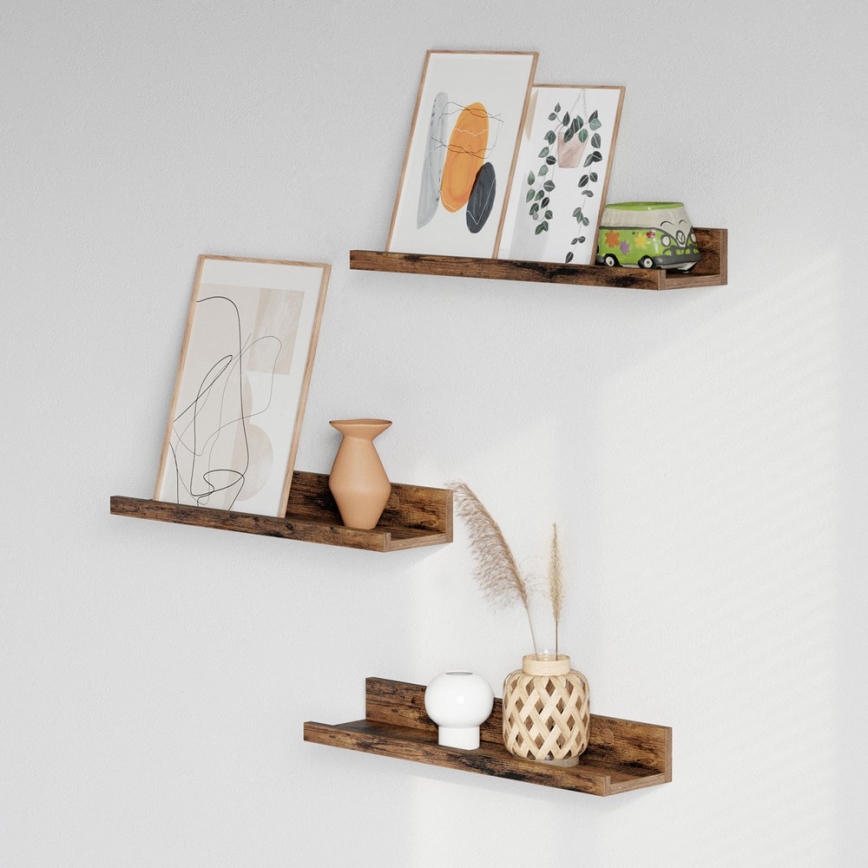 Set om 3 vägghyllor SHELFY 38x5x10 cm, brun