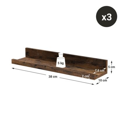 Set om 3 vägghyllor SHELFY 38x5x10 cm, brun