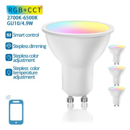 Set om 4 dimbara, smarta LED RGBW-lampor GU10, 4,9 W, 230 V, 2700–6500 K – Aigostar