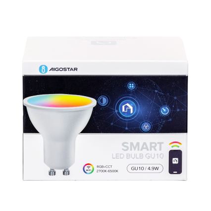 Set om 4 dimbara, smarta LED RGBW-lampor GU10, 4,9 W, 230 V, 2700–6500 K – Aigostar