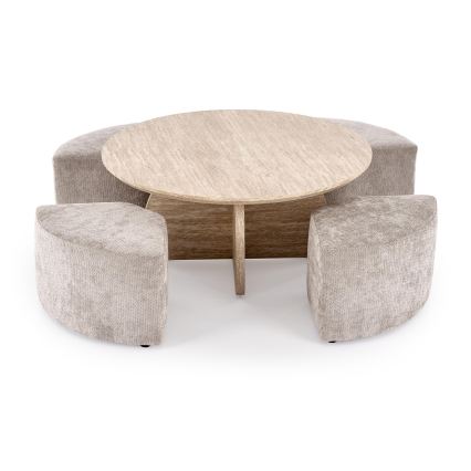 SET soffbord NUGAT Ø 80 cm + 4x pall travertin/grå