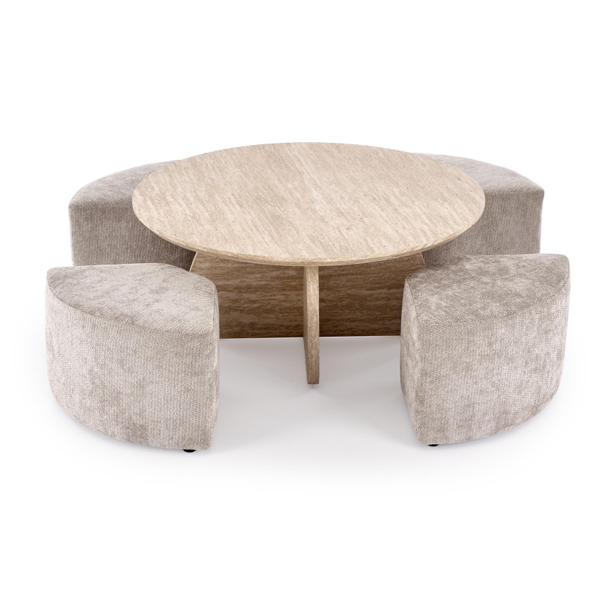 SET soffbord NUGAT Ø 80 cm + 4x pall travertin/grå