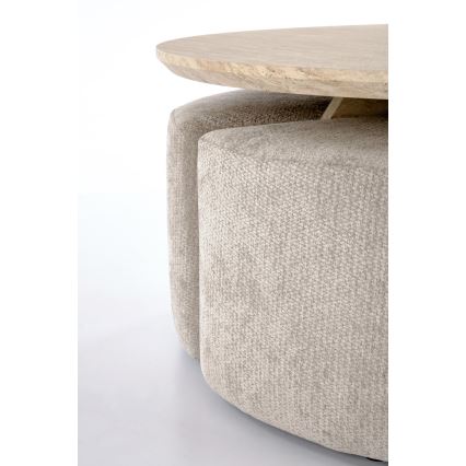 SET soffbord NUGAT Ø 80 cm + 4x pall travertin/grå