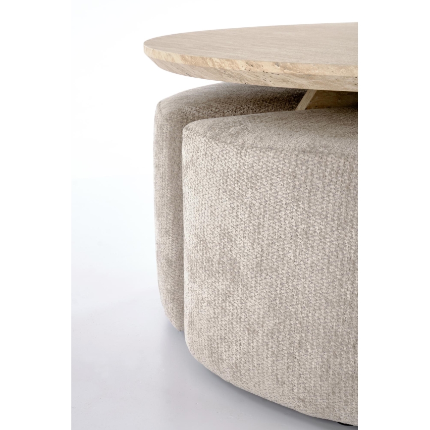 SET soffbord NUGAT Ø 80 cm + 4x pall travertin/grå