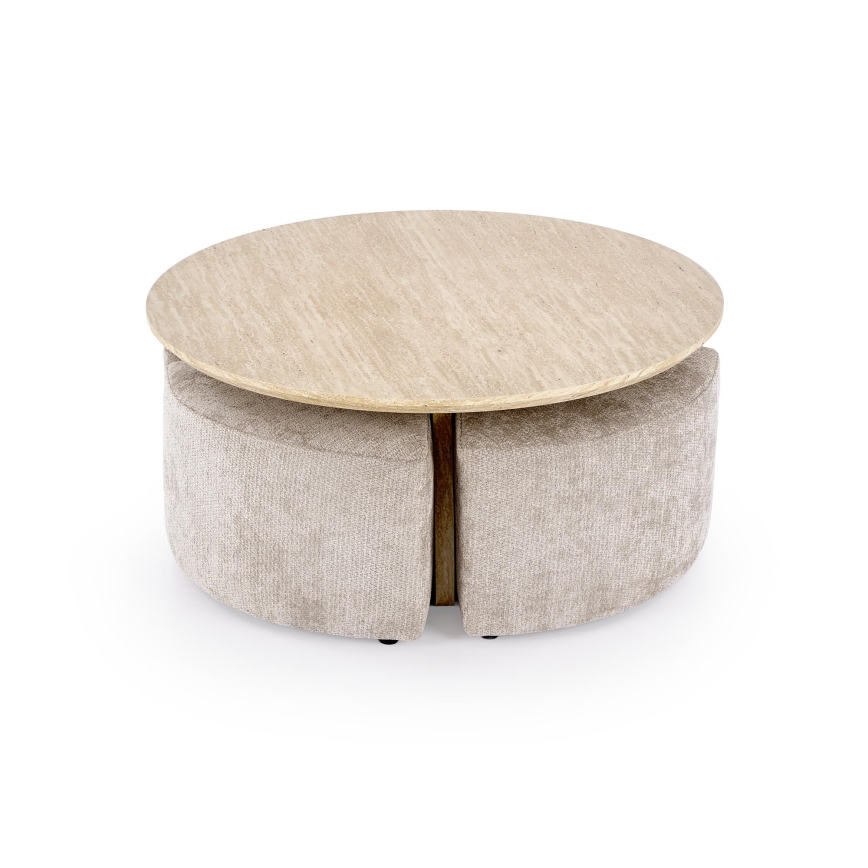 SET soffbord NUGAT Ø 80 cm + 4x pall travertin/grå