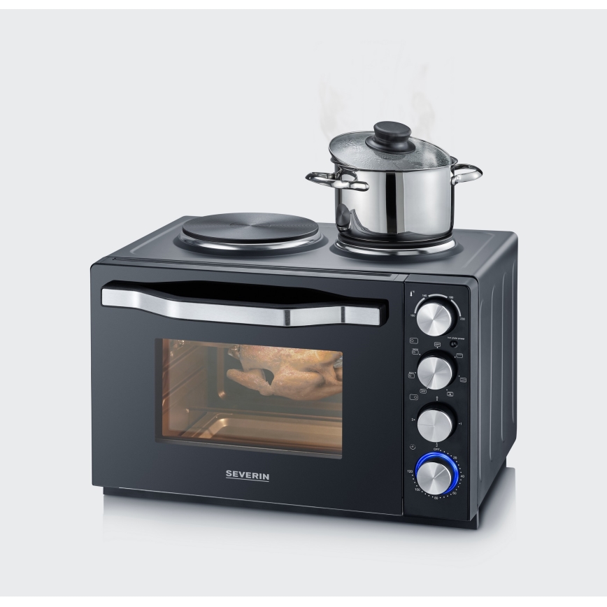 Severin TO 2074 - Varmluftsugn med grill och kokplattor 2500W/230V 30 l svart
