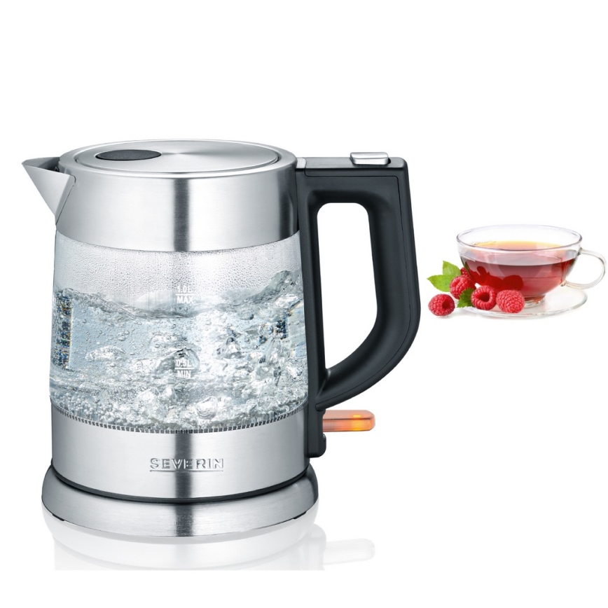 Severin WK 3468 - Elektrisk vattenkokare, 1 l, 2200 W/230 V, rostfritt stål/glas