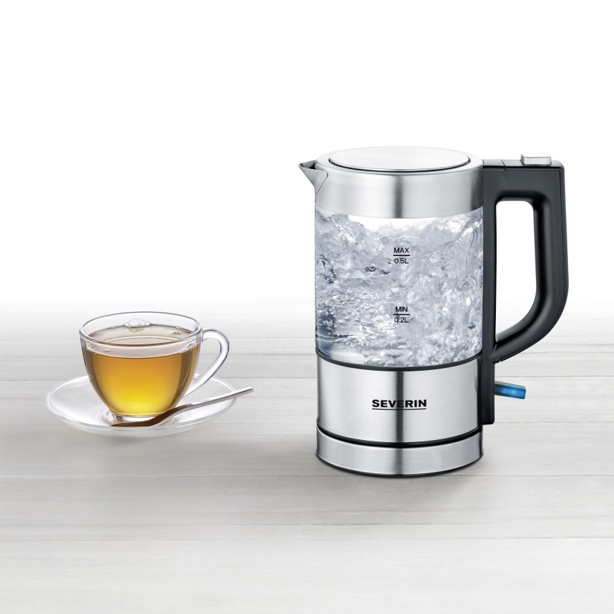 Severin WK 3472 - Snabbkokande vattenkokare 0,5 l, 1100 W/230 V, rostfritt stål/glas