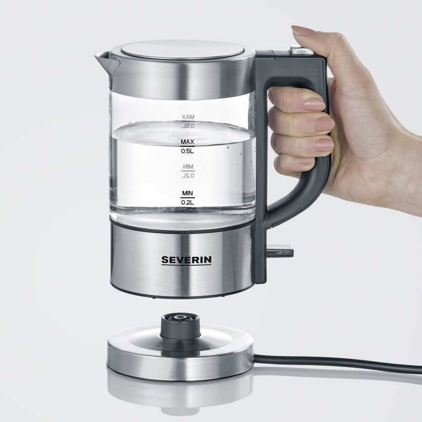 Severin WK 3472 - Snabbkokande vattenkokare 0,5 l, 1100 W/230 V, rostfritt stål/glas