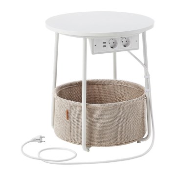 Sidobord NOIRA 45 cm med inbyggda eluttag och USB-portar, beige/vit