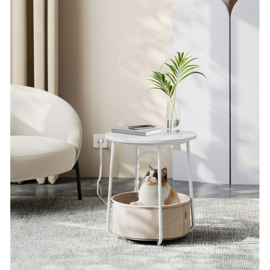 Sidobord NOIRA 45 cm med inbyggda eluttag och USB-portar, beige/vit