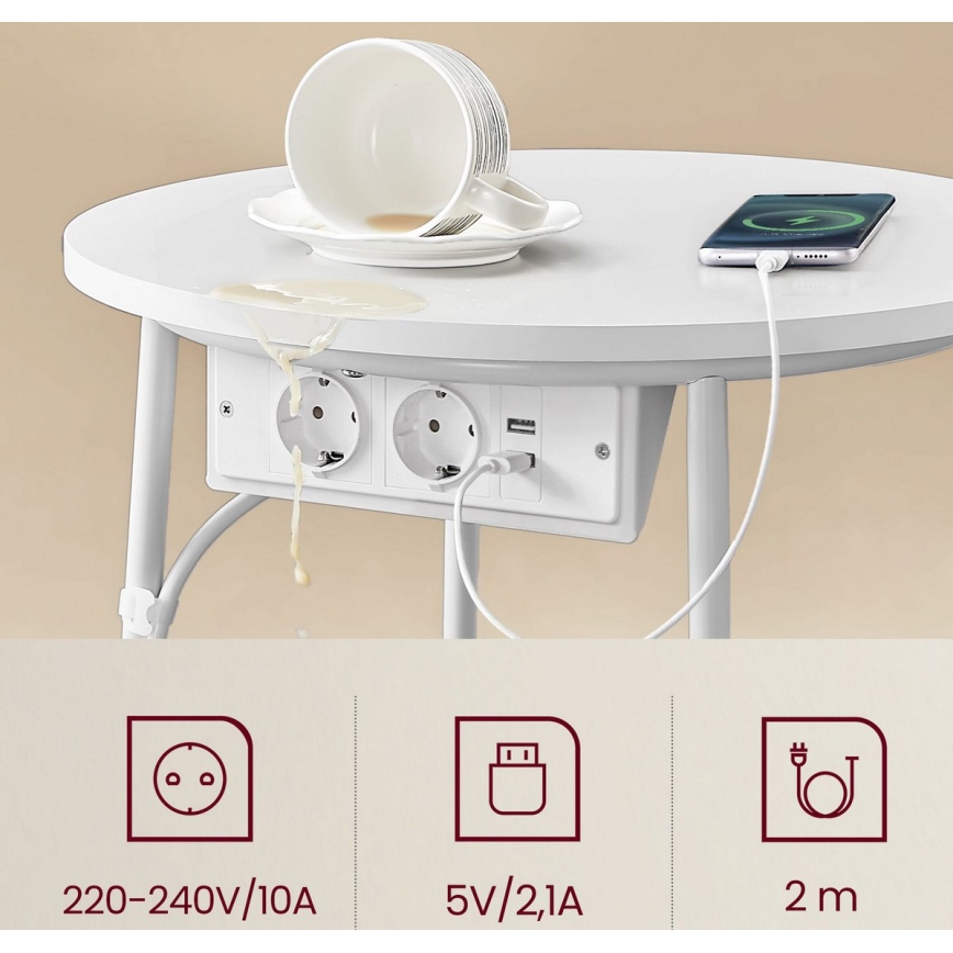 Sidobord NOIRA 45 cm med inbyggda eluttag och USB-portar, beige/vit
