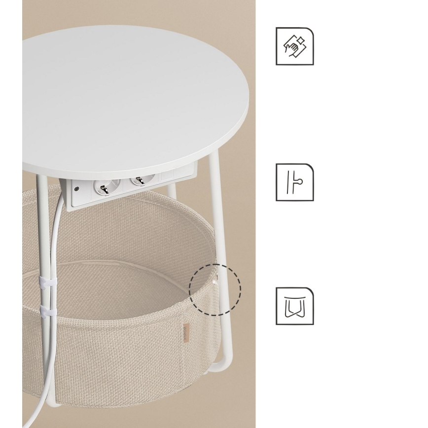Sidobord NOIRA 45 cm med inbyggda eluttag och USB-portar, beige/vit