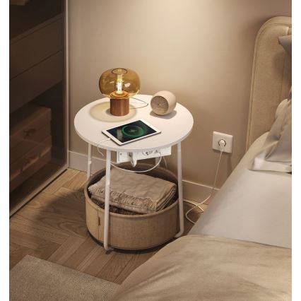 Sidobord NOIRA 45 cm med inbyggda eluttag och USB-portar, beige/vit
